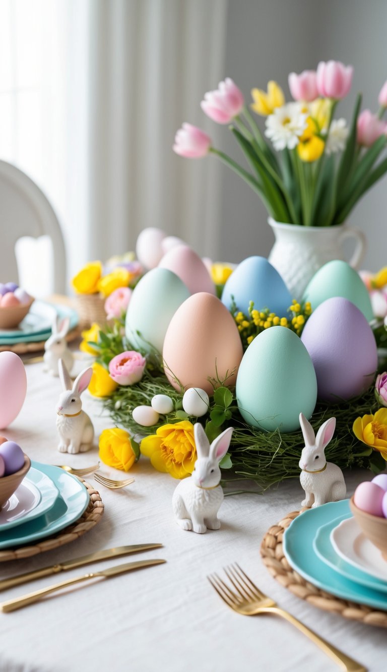 A table adorned with pastel-colored eggs, fresh flowers, and delicate bunny figurines for Easter decor