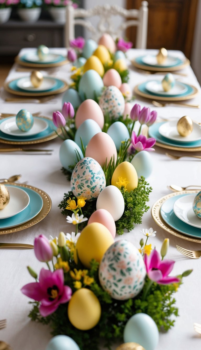 A table adorned with 37 floral egg centerpieces, creating a simple yet elegant Easter decor