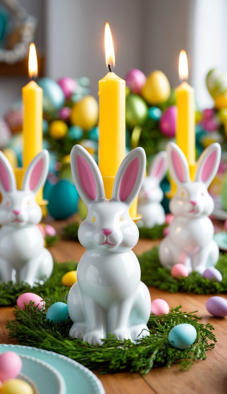 A table set with bunny-shaped candlesticks, surrounded by colorful Easter decorations