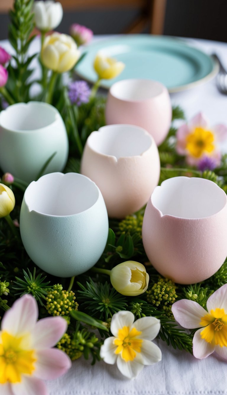 A table set with pastel-colored eggshell votive holders, surrounded by spring flowers and greenery