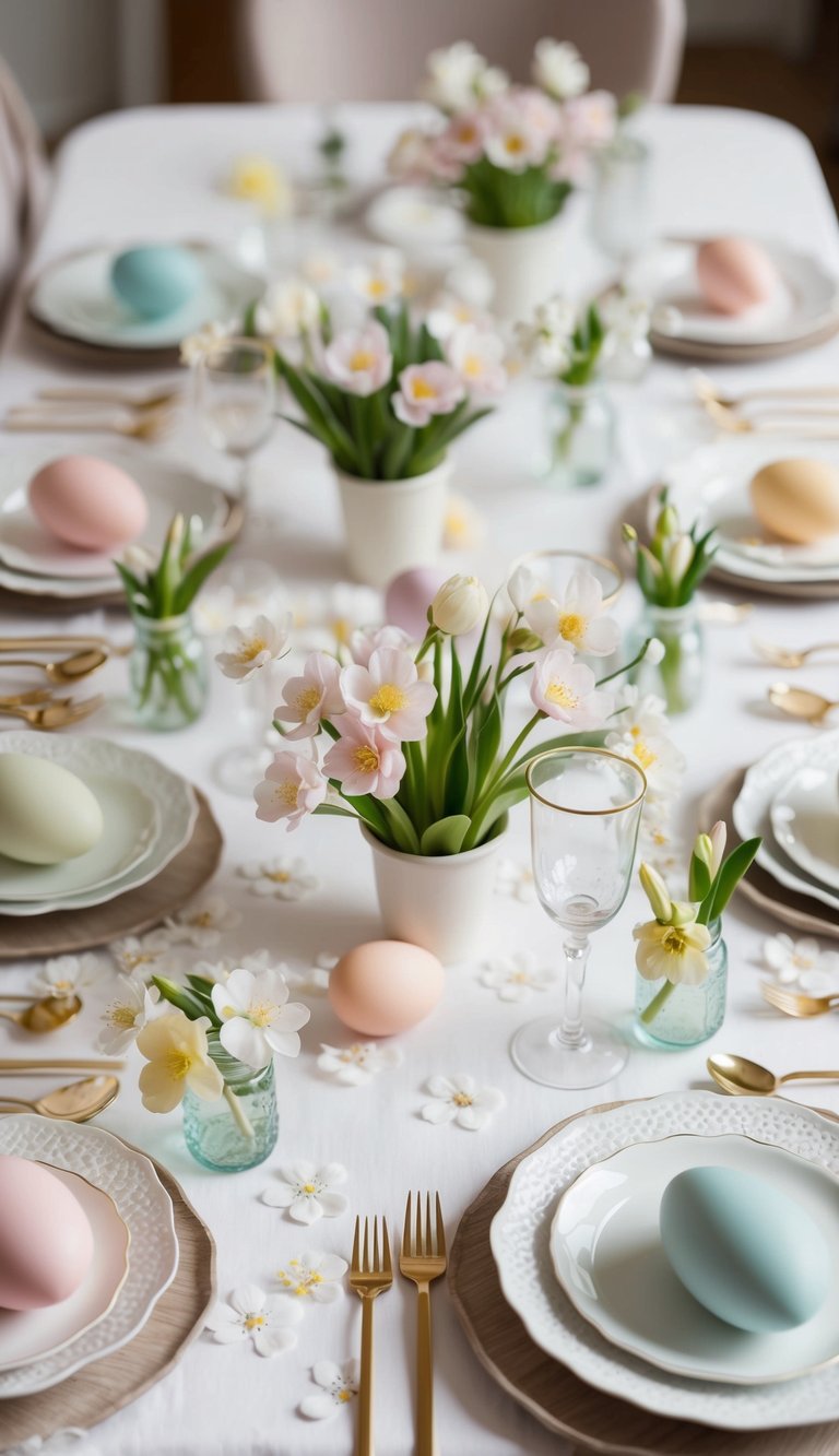 A table set with a white spring blossom tablecloth, adorned with simple Easter decor such as pastel-colored eggs, fresh flowers, and delicate place settings