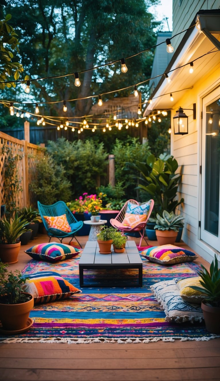 A cozy patio adorned with colorful rugs, floor cushions, potted plants, and string lights. A low table is surrounded by eclectic chairs and lanterns hang from the ceiling