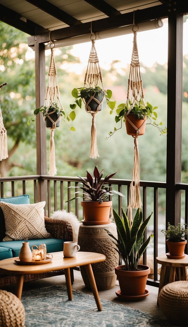 A cozy bohemian patio adorned with macrame plant hangers
