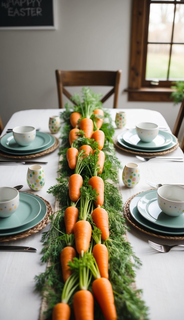 A table adorned with a carrot-infused table runner, surrounded by simple Easter-themed decor