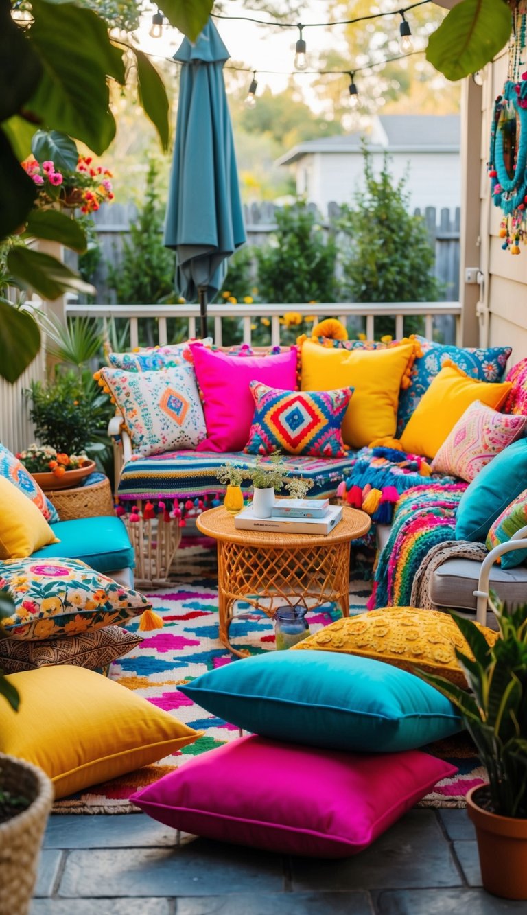 A colorful array of mix-and-match throw pillows adorns a bohemian patio, creating a cozy and eclectic seating area