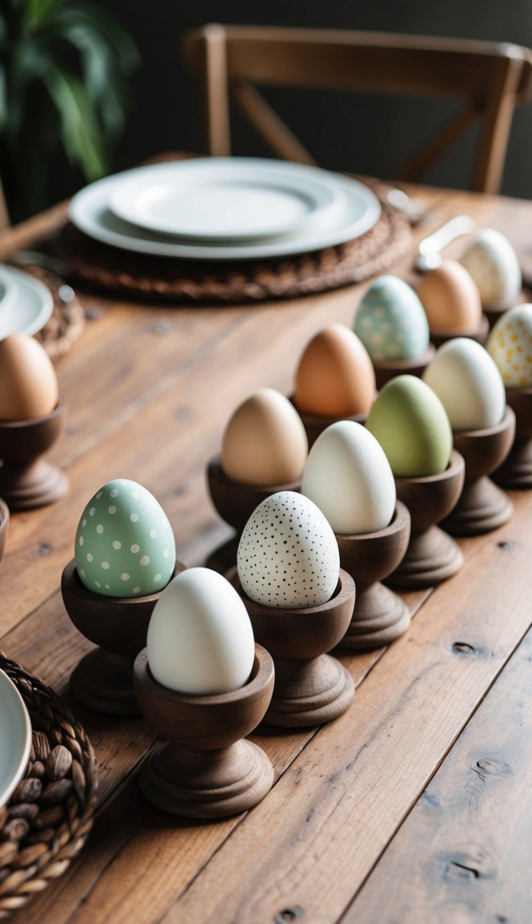 A wooden table set with 37 rustic egg holders, each holding a simple Easter egg decoration