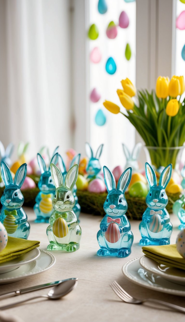 A table adorned with 37 glass bunny figurines, creating a charming and simple Easter decor scene