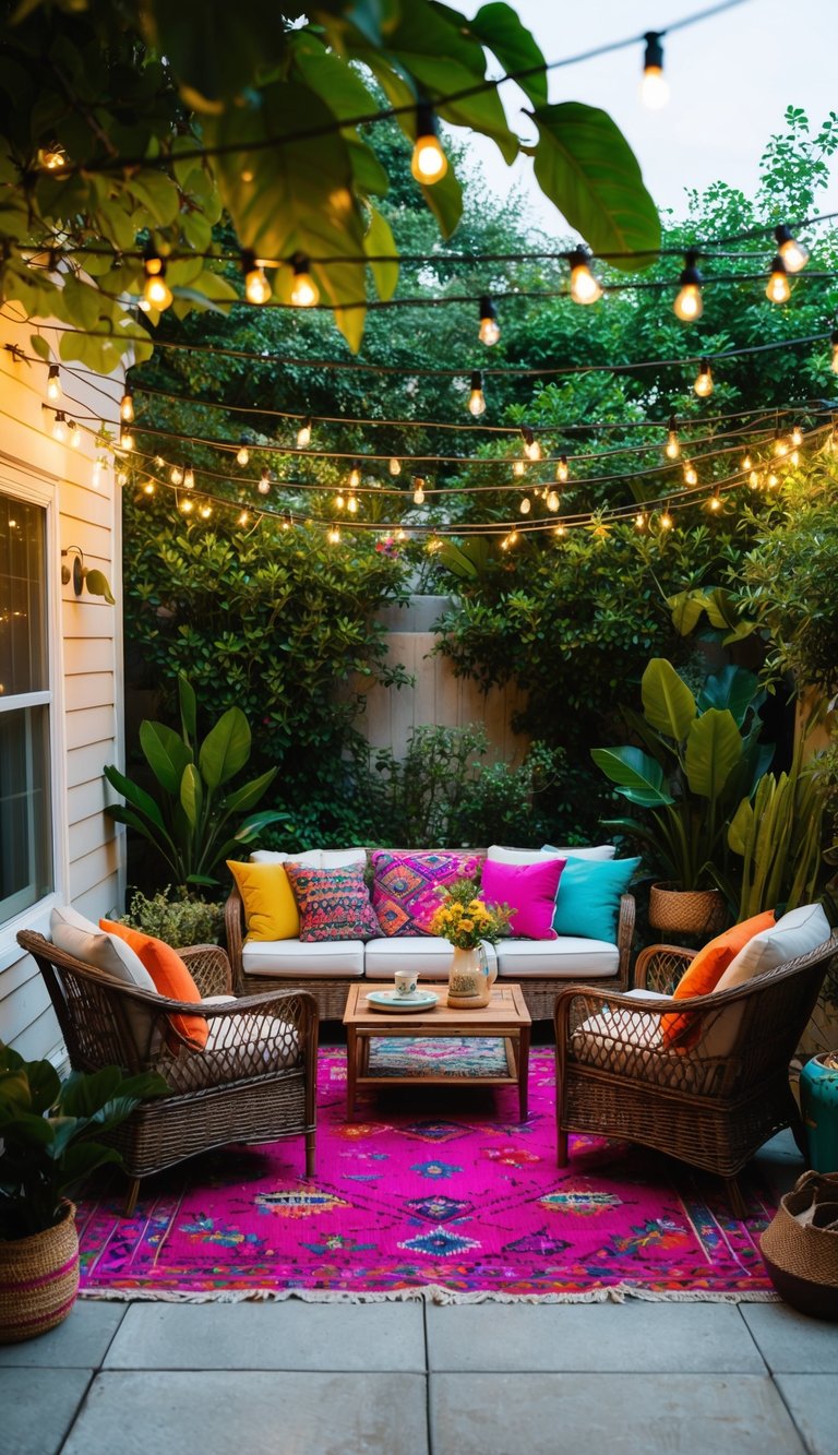 A cozy bohemian patio with wicker furniture and colorful decor, surrounded by lush greenery and twinkling string lights