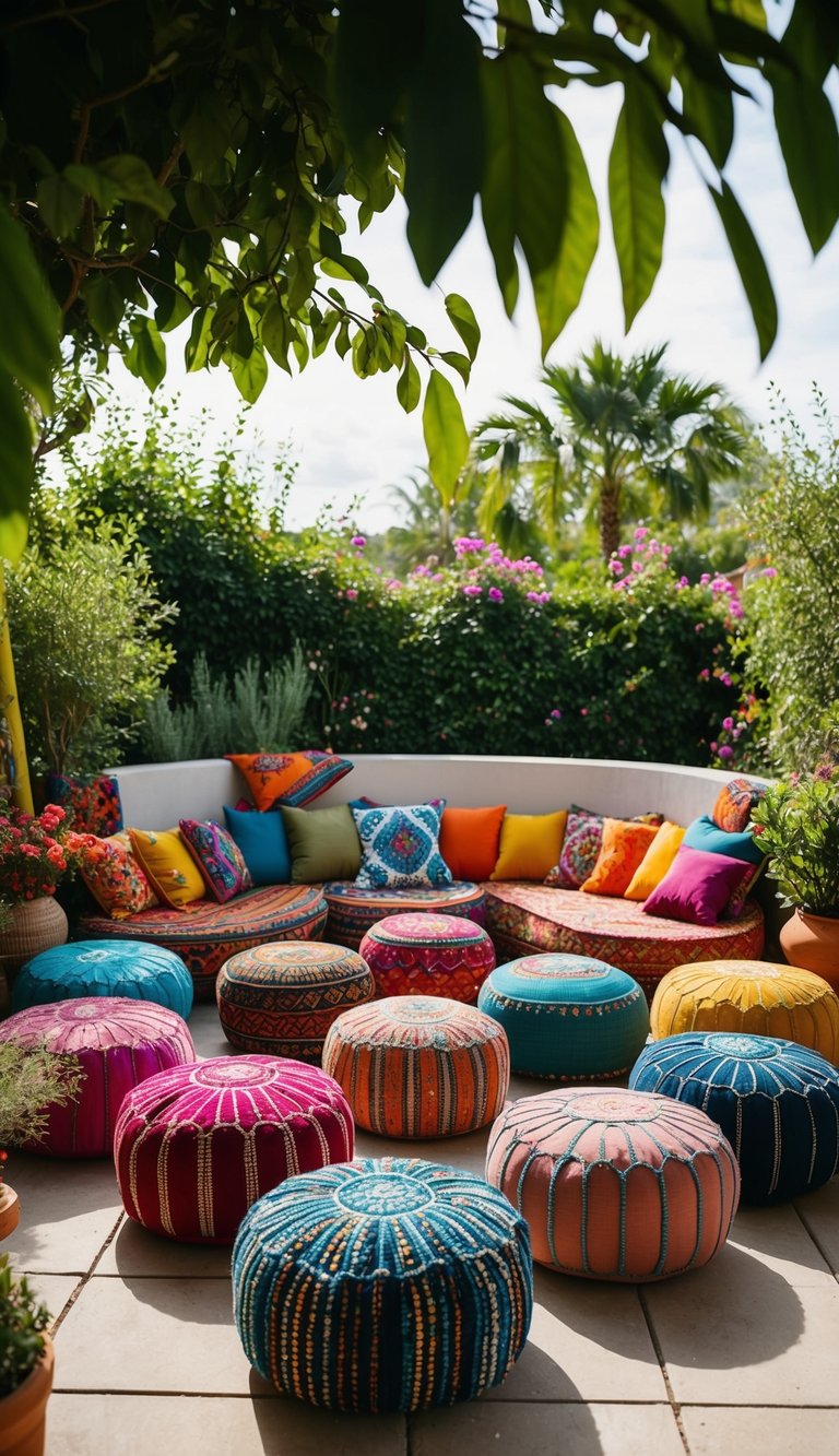A colorful array of outdoor poufs arranged on a bohemian patio surrounded by lush greenery and vibrant textiles