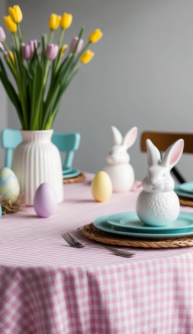 A gingham checked tablecloth adorns a table set with simple Easter decor