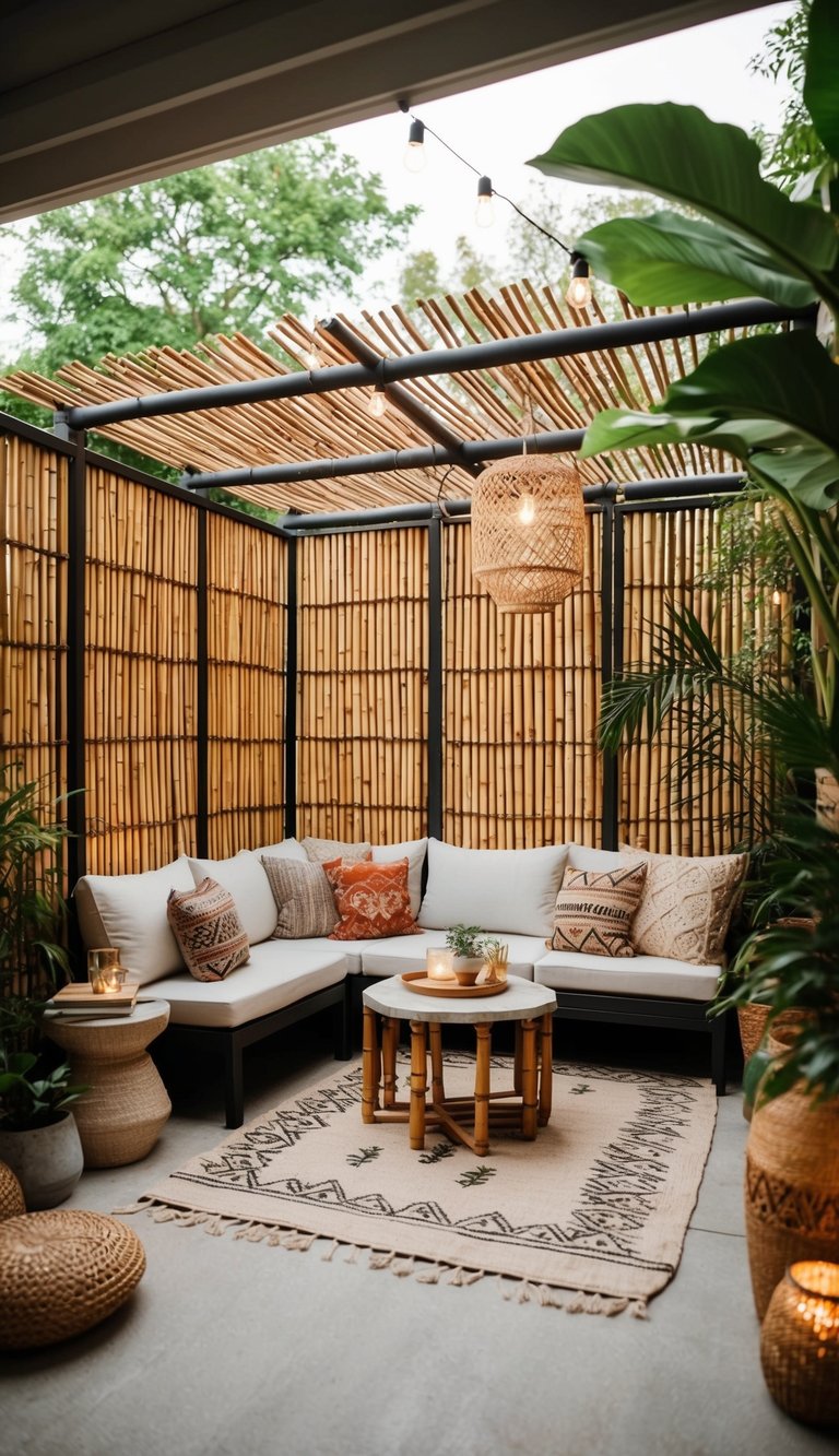 A cozy patio with bamboo privacy screens, surrounded by bohemian decor, plants, and soft lighting