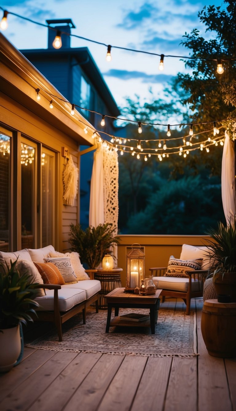 A cozy patio adorned with string lights and bohemian decor