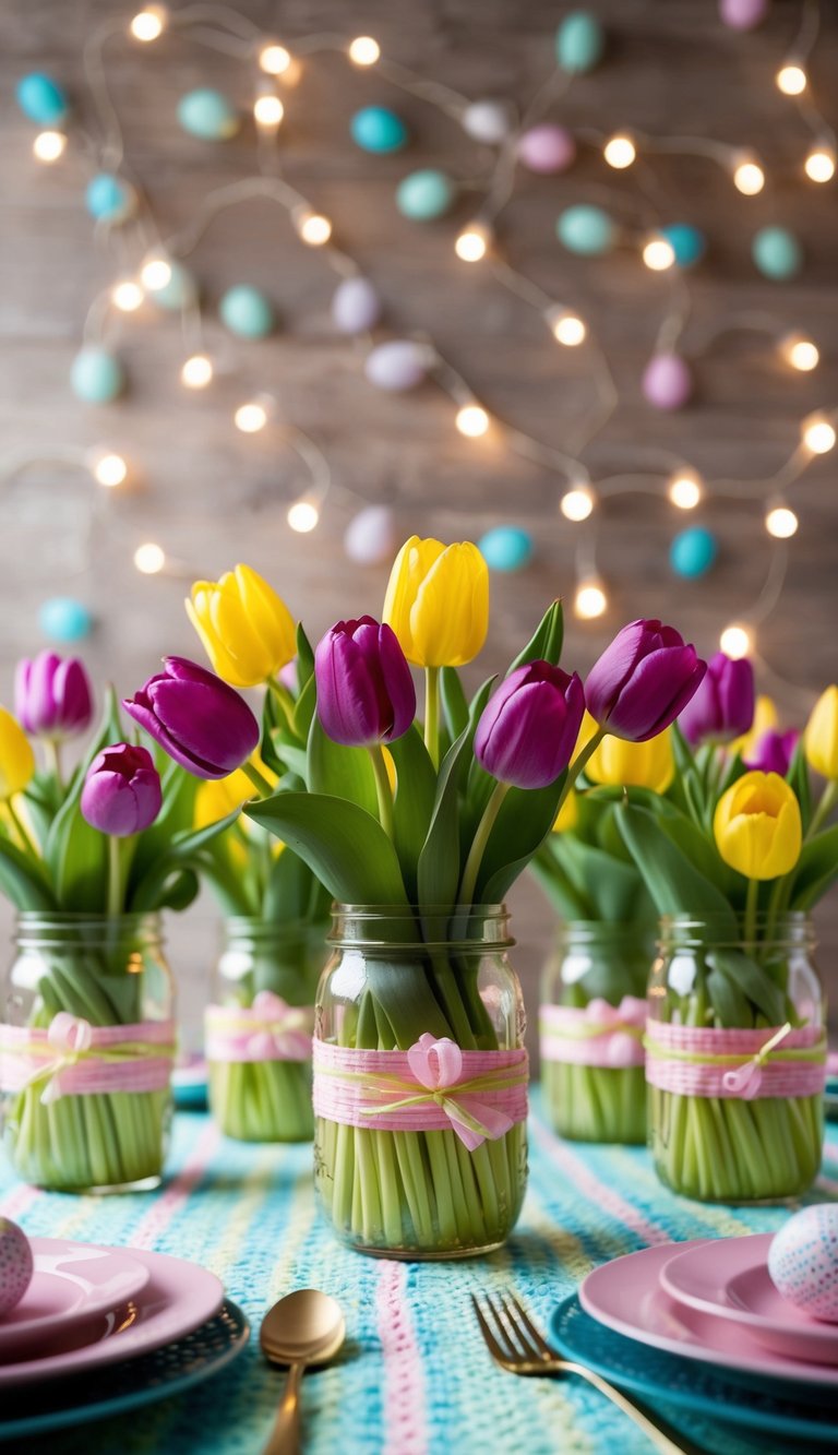 Mason jars filled with vibrant tulips arranged on a festive Easter table