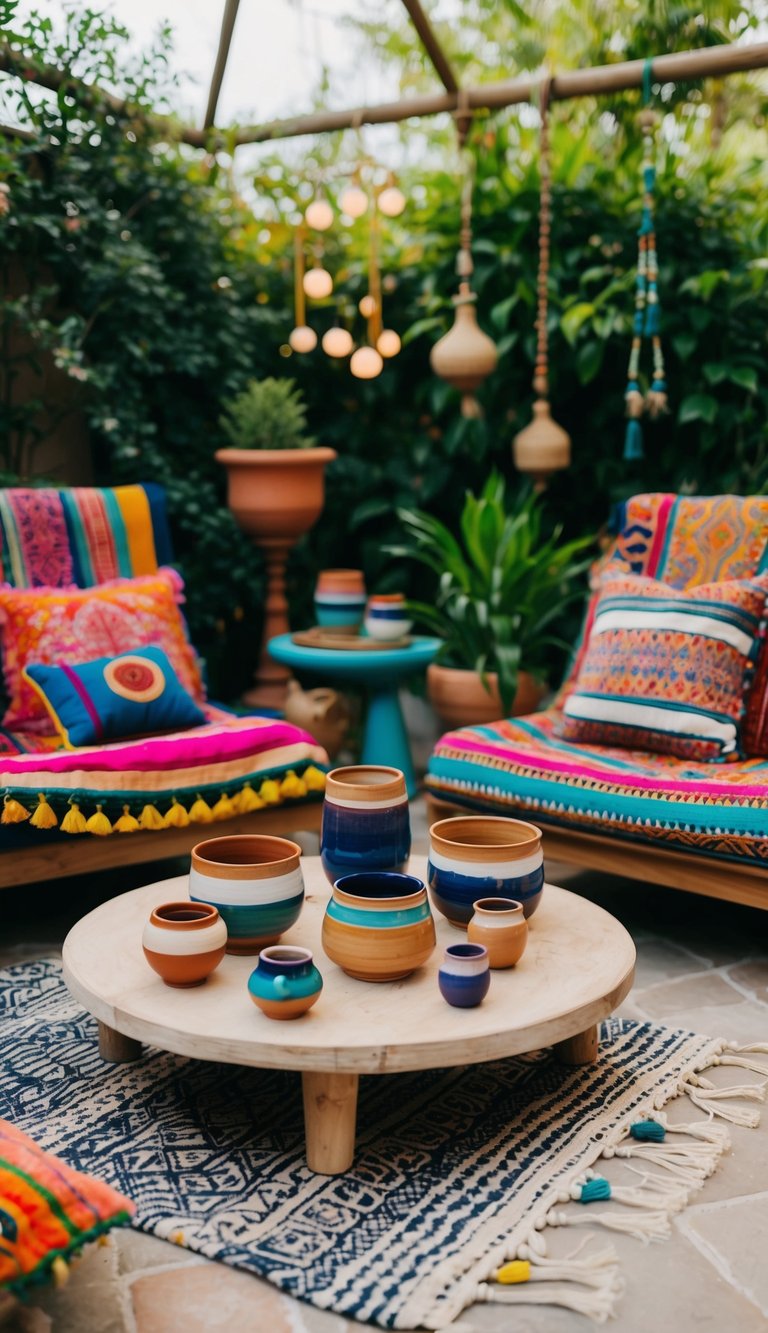 A collection of handmade ceramics adorns a bohemian patio, surrounded by lush greenery and colorful textiles