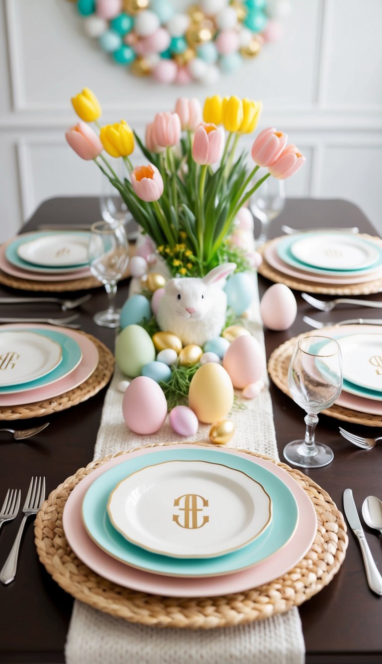 A festive Easter table set with monogrammed plates, pastel decor, and fresh flowers