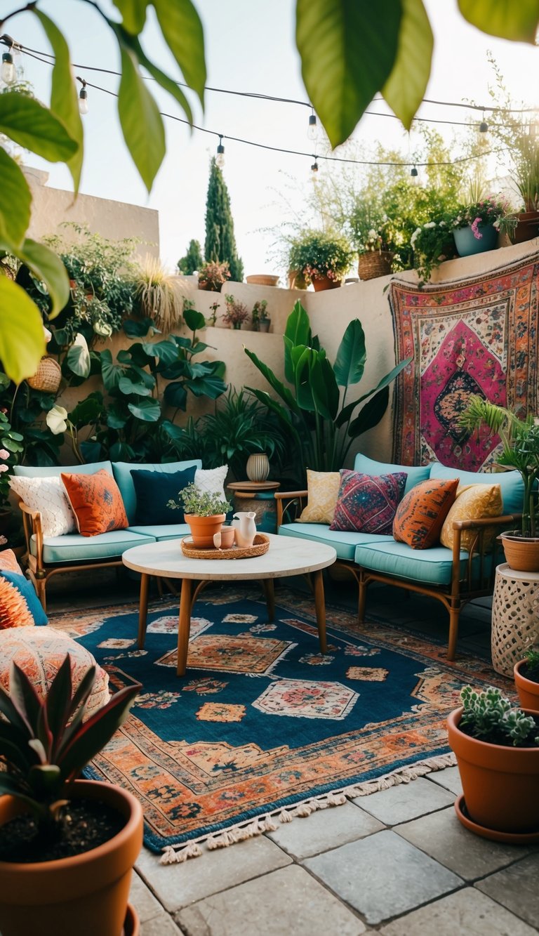 A cozy patio adorned with vintage rugs, surrounded by potted plants and colorful cushions, creating a bohemian oasis