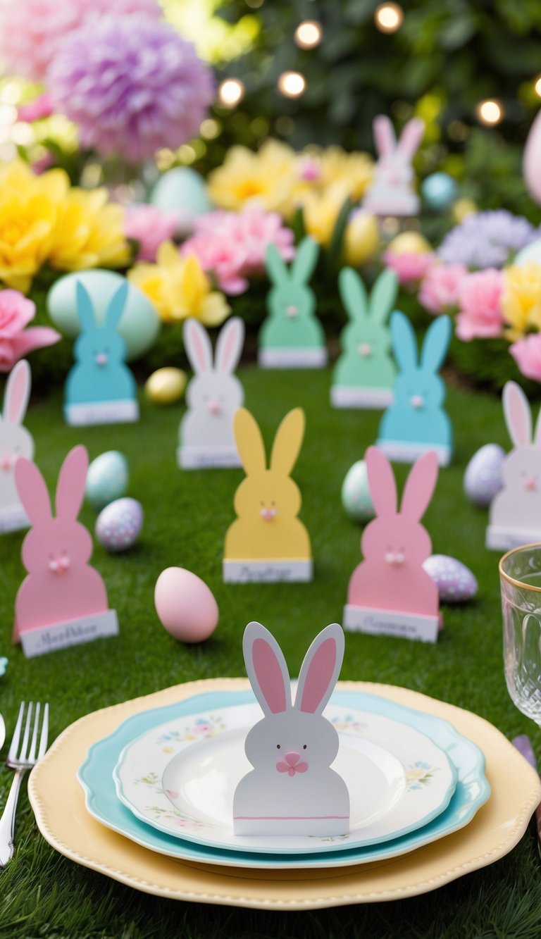 A whimsical garden setting with colorful bunny-shaped place cards scattered among pastel-colored Easter decorations