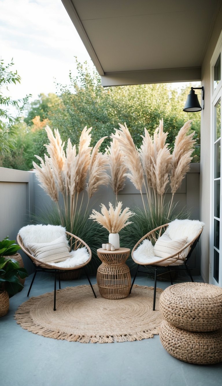 A bohemian patio adorned with pampas grass decor, creating a serene and stylish outdoor space