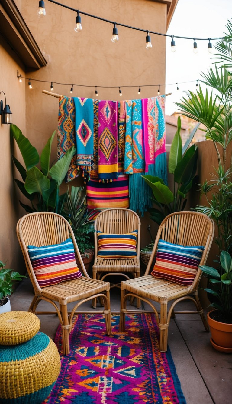 Rattan chairs arranged on a colorful bohemian patio, surrounded by plants and vibrant textiles