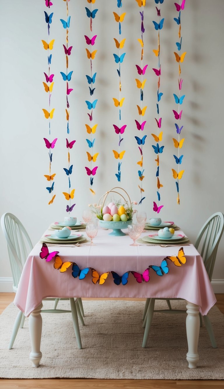 Colorful butterfly garlands draped across a pastel Easter table, surrounded by simple yet elegant decor