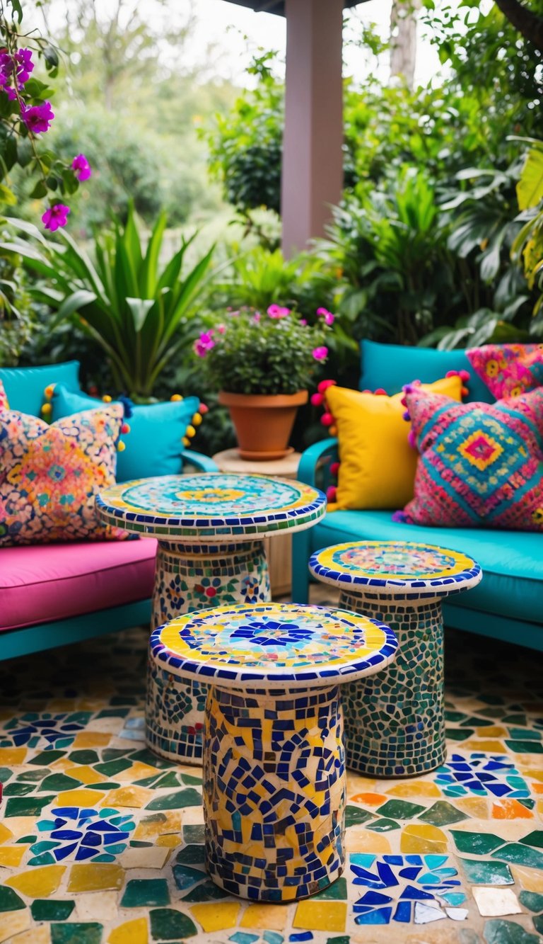 Colorful mosaic side tables adorn a vibrant bohemian patio, surrounded by lush greenery and cozy seating