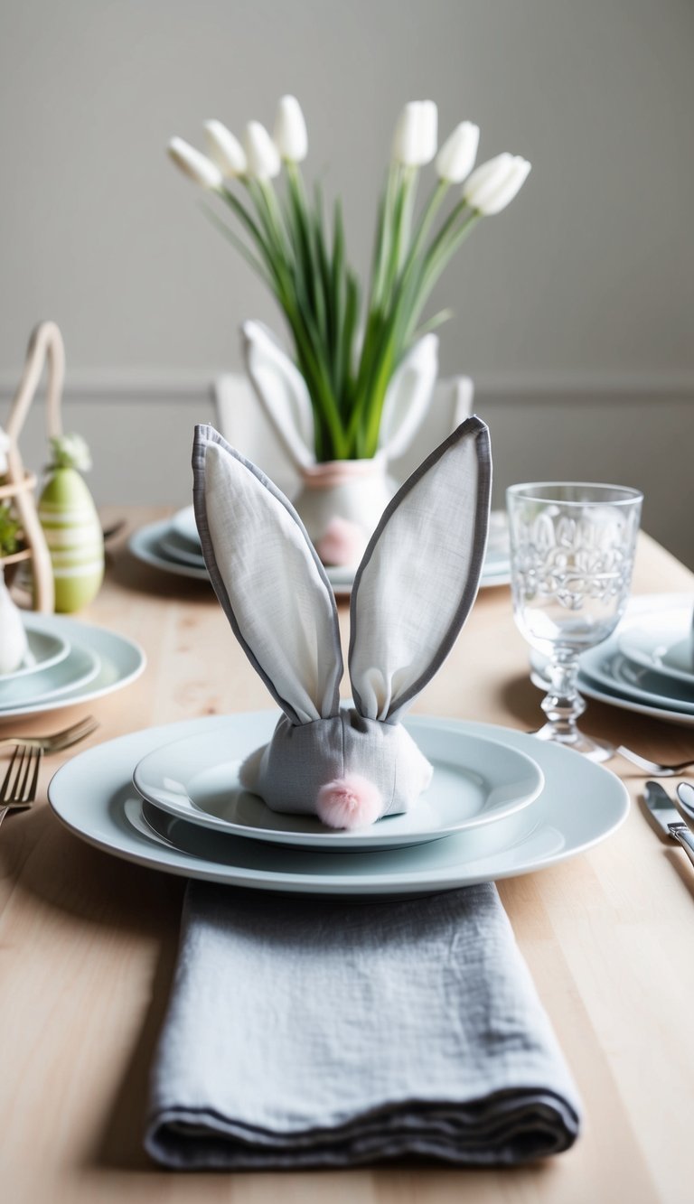 A table set with linen bunny ear napkins, surrounded by simple Easter decor