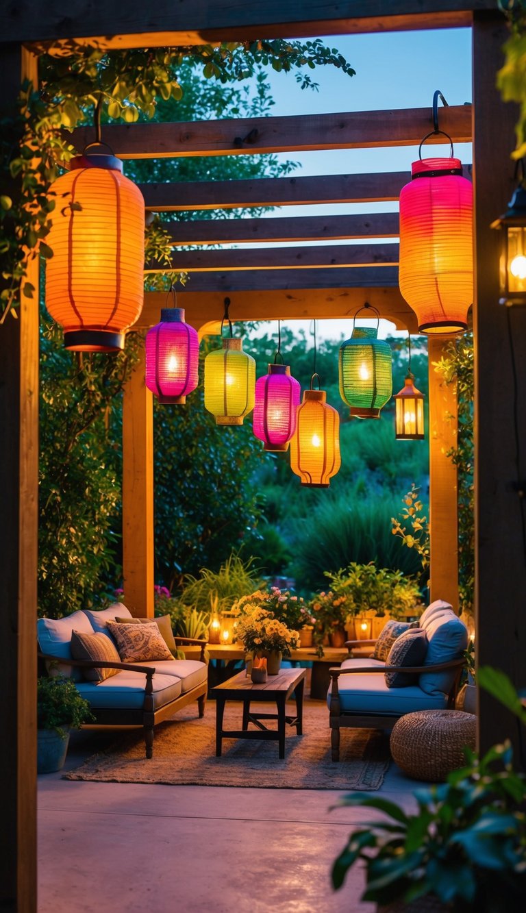 Colorful lanterns hang from a rustic pergola, casting a warm glow over a bohemian patio adorned with cozy seating and lush greenery