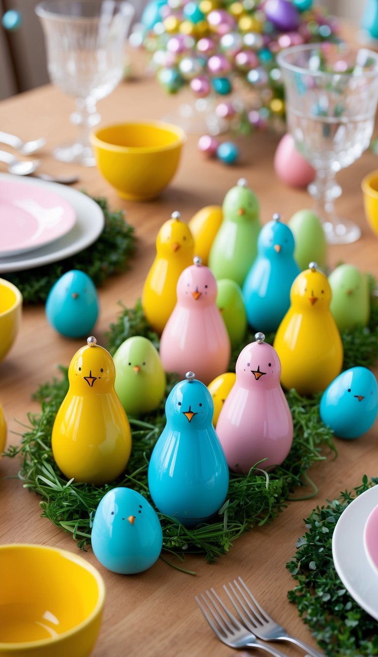A festive Easter table set with colorful chick-shaped salt shakers and simple decorations