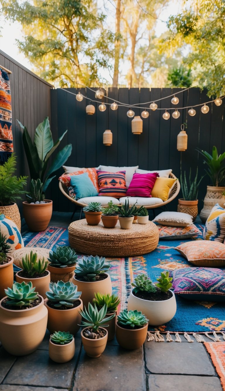 A cozy bohemian patio adorned with 41 succulent planters in various sizes and shapes, surrounded by colorful rugs, floor cushions, and hanging lanterns