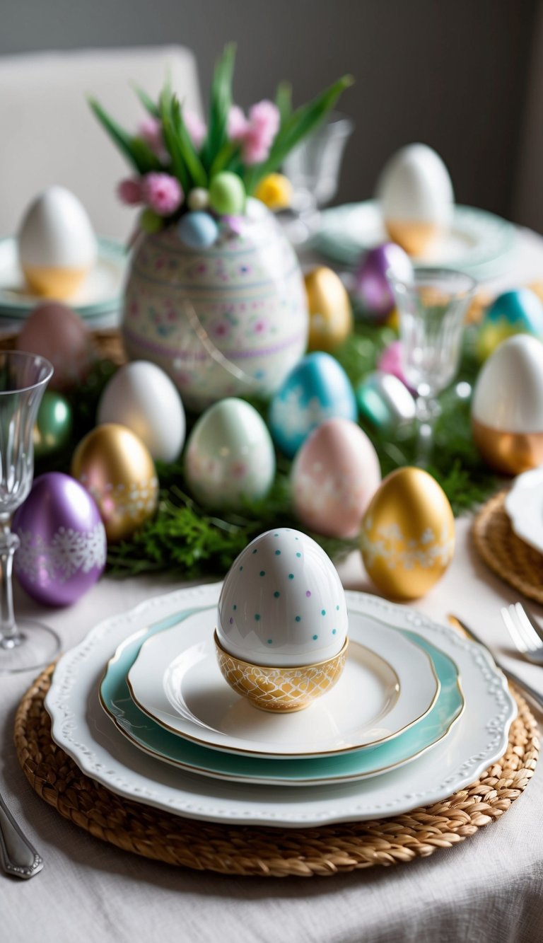 A table set with delicate porcelain egg plates, surrounded by various Easter-themed decorations and centerpieces