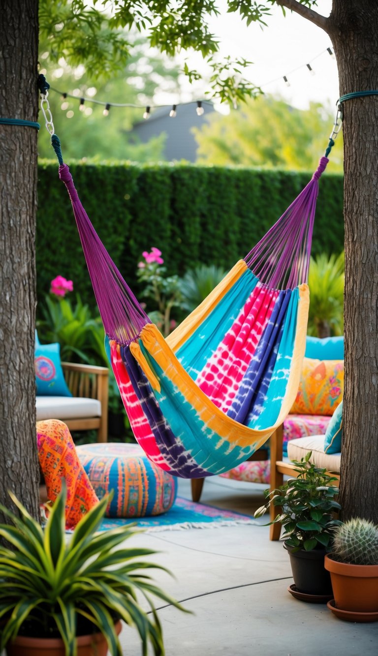 A colorful tie-dye hammock hangs between two trees in a bohemian patio, surrounded by vibrant plants and cozy seating