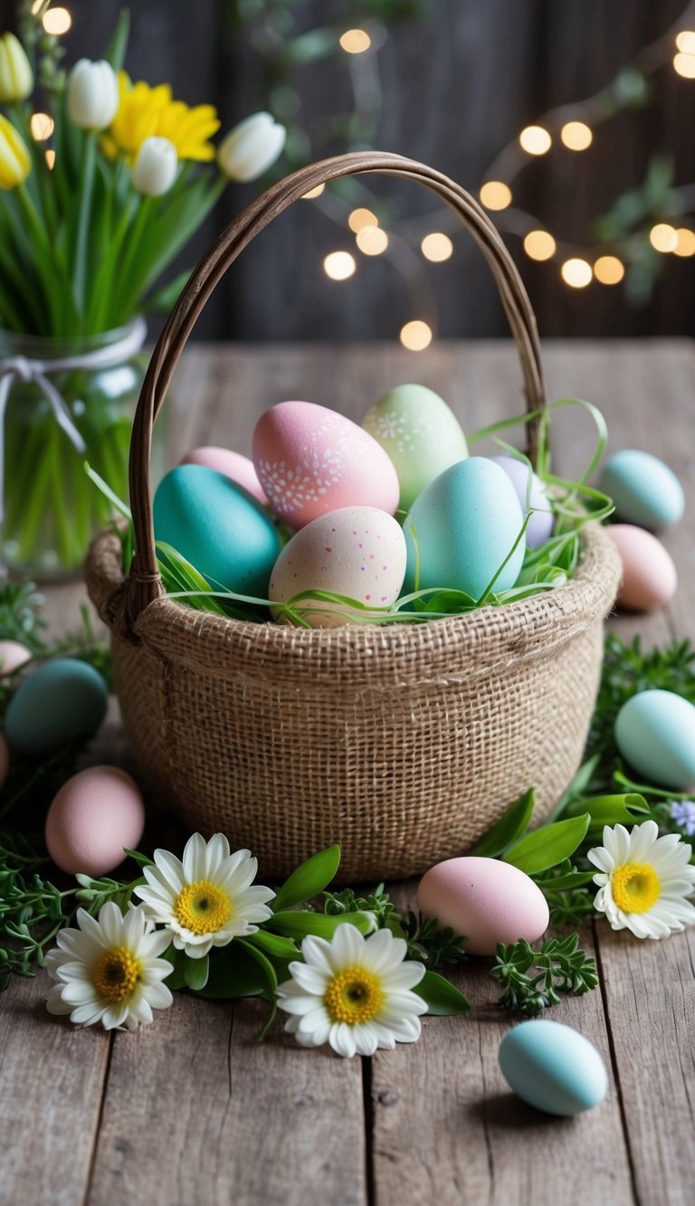 A burlap Easter basket filled with pastel eggs, nestled among fresh spring flowers and greenery on a rustic table