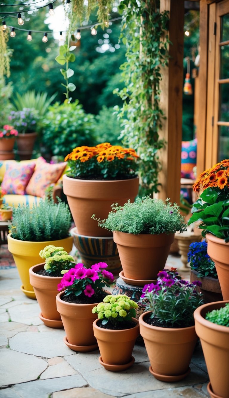 Colorful terracotta pots arranged on a bohemian patio, filled with lush greenery and vibrant flowers, creating a cozy and eclectic outdoor space