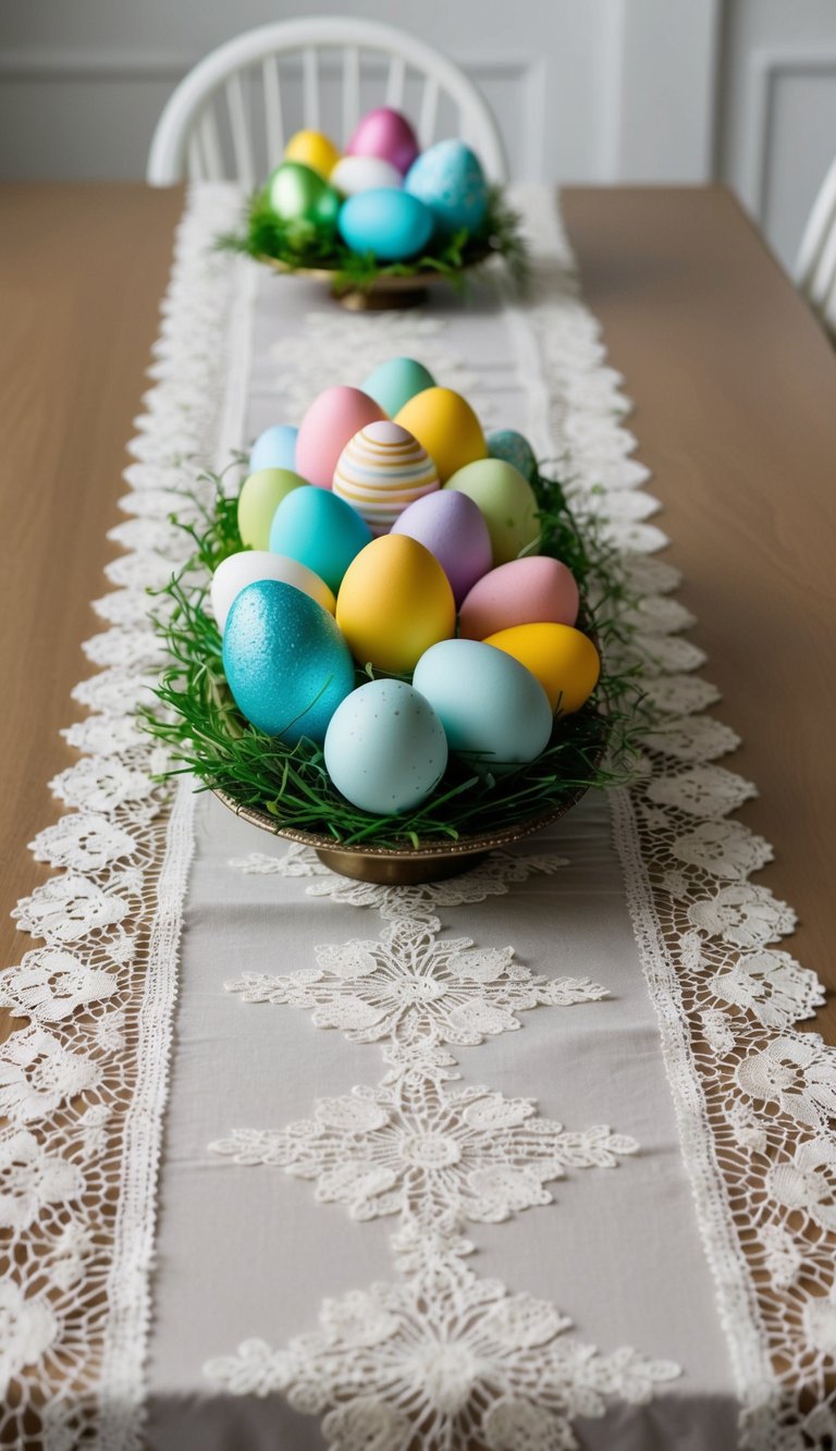 A lace table runner adorned with colorful Easter eggs arranged in a simple and elegant display