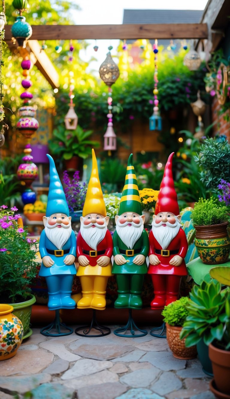 Colorful garden gnomes adorn a whimsical bohemian patio with eclectic decor and lush greenery