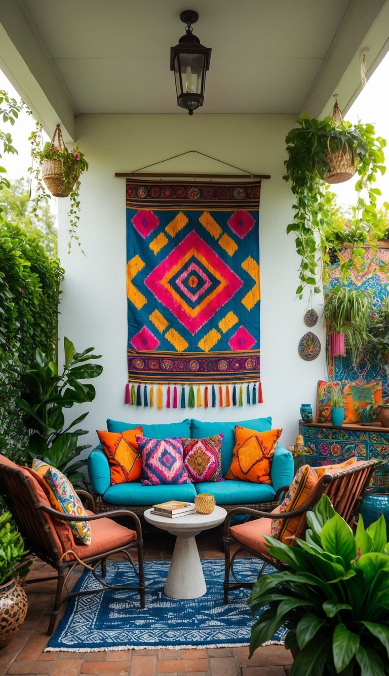 A colorful batik wall hanging adorns a bohemian patio, surrounded by eclectic decor and lush greenery