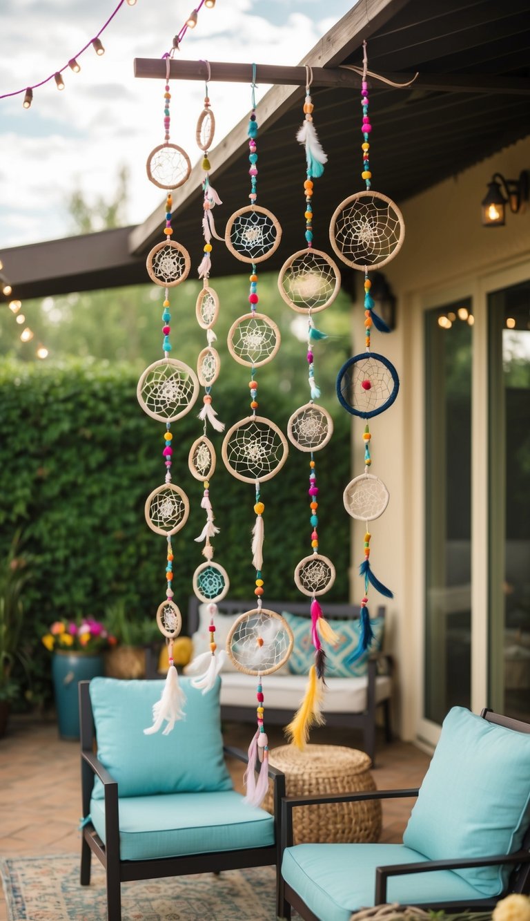 A bohemian patio adorned with 41 dreamcatchers of various sizes and colors, hanging from the ceiling and swaying gently in the breeze