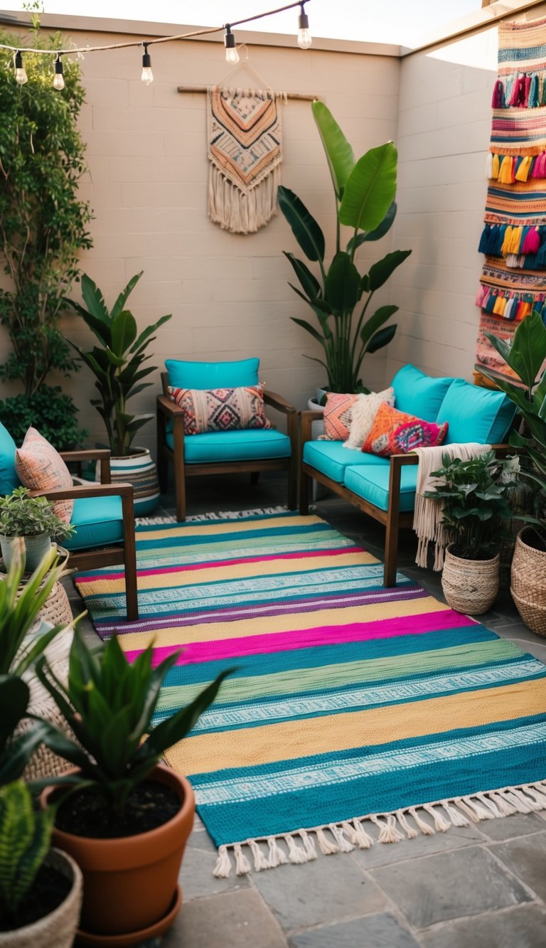 A colorful assortment of layered outdoor rugs on a bohemian patio, surrounded by potted plants and cozy seating
