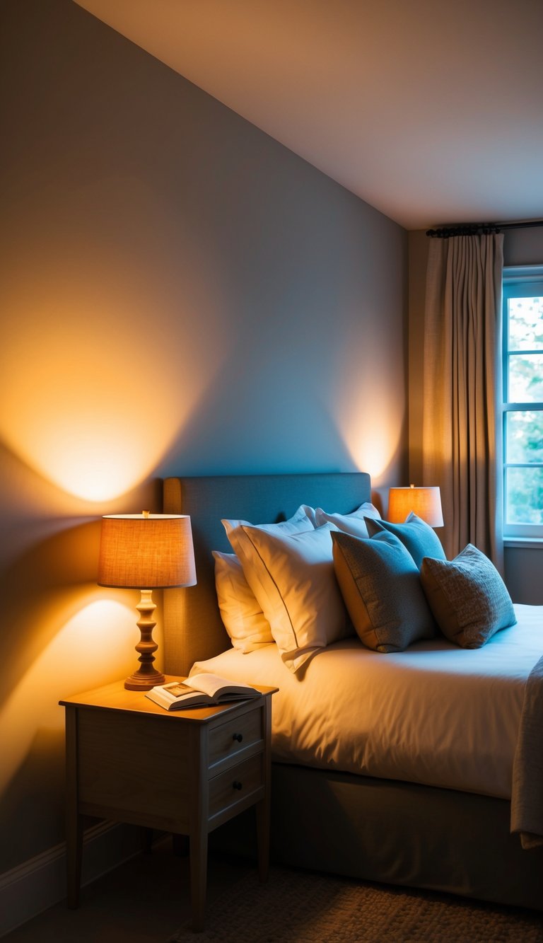 A cozy bedroom with dimmer switches casting warm light on a bed, bedside tables, and a reading nook. Soft shadows create a relaxing ambiance