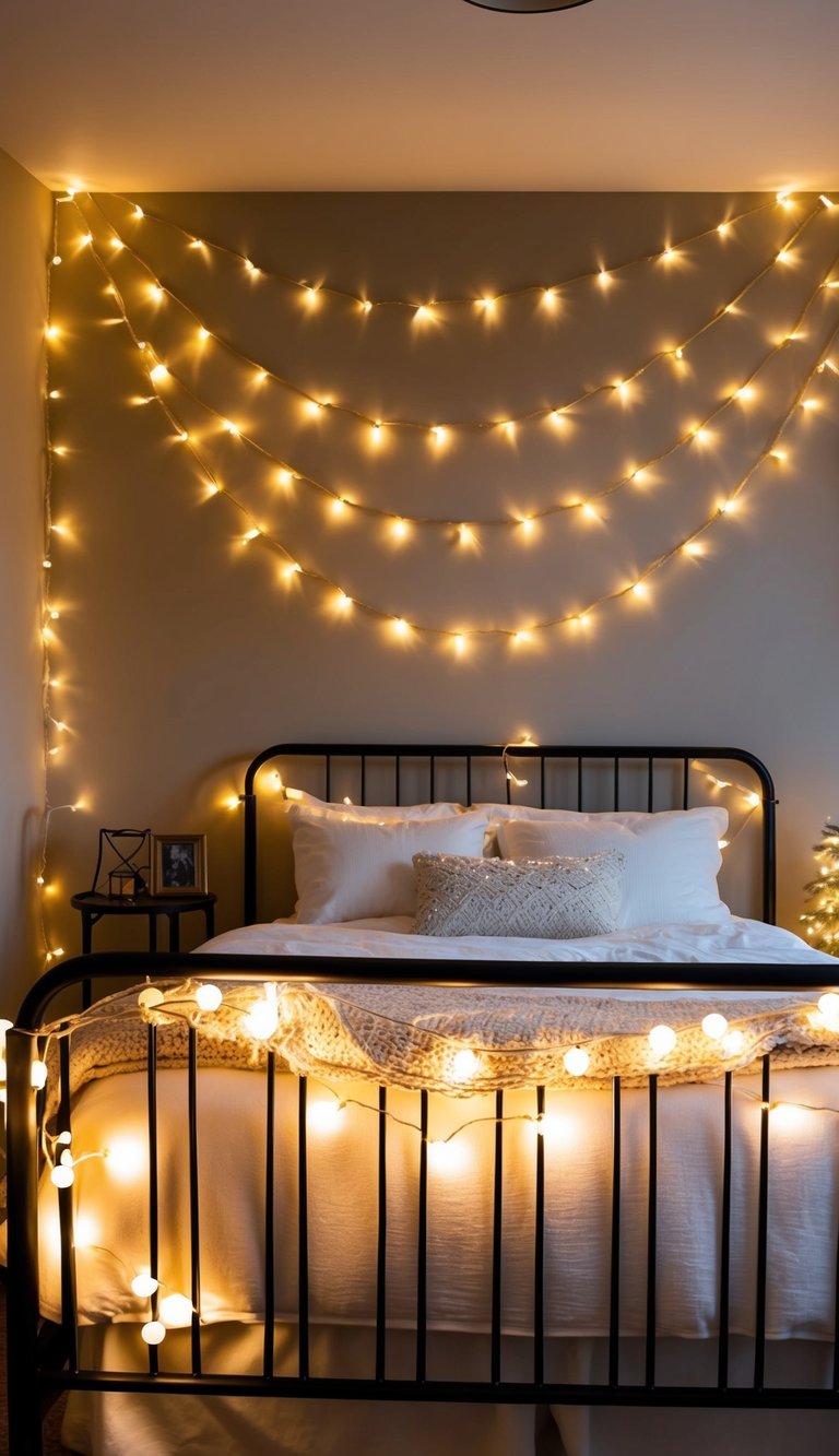 A cozy bedroom with fairy string lights draped around the bed frame and twinkling softly, creating a warm and inviting atmosphere