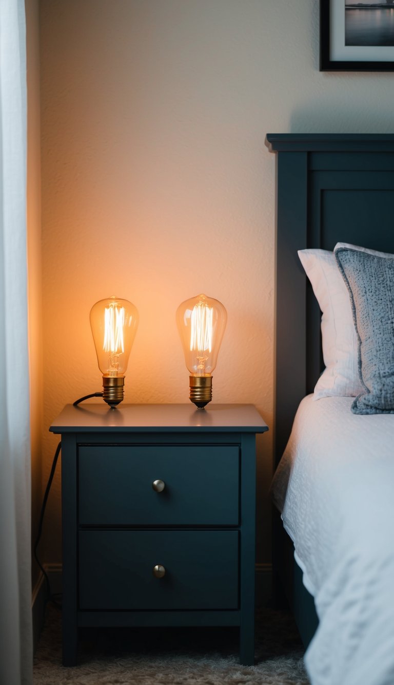 A cozy bedroom with vintage Edison bulbs casting warm light on a nightstand, creating a cozy and inviting ambiance