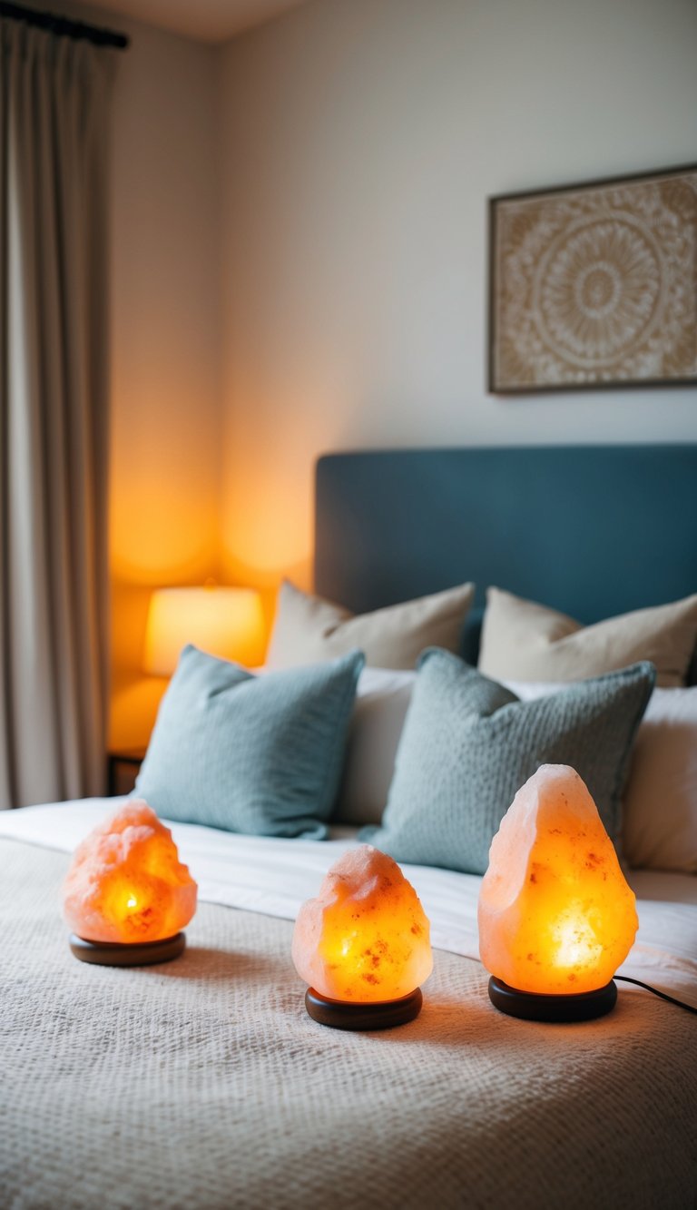 A cozy bedroom with a soft, warm glow from Himalayan salt lamps, creating a relaxing and inviting ambiance