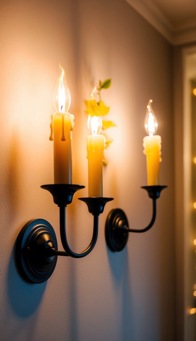 Two candlestick wall sconces casting a warm glow in a cozy bedroom with soft, ambient lighting