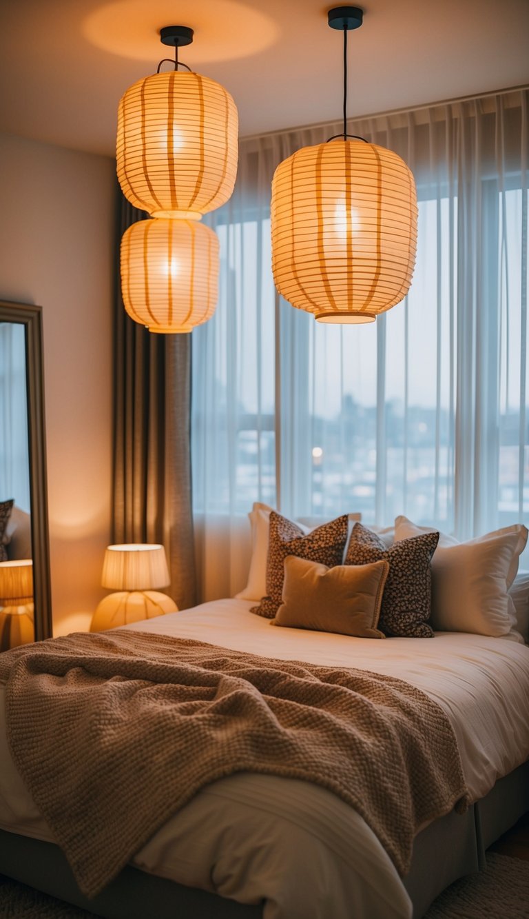 A cozy bedroom with paper lantern pendant shades casting a warm, soft glow, creating a cozy and inviting ambiance