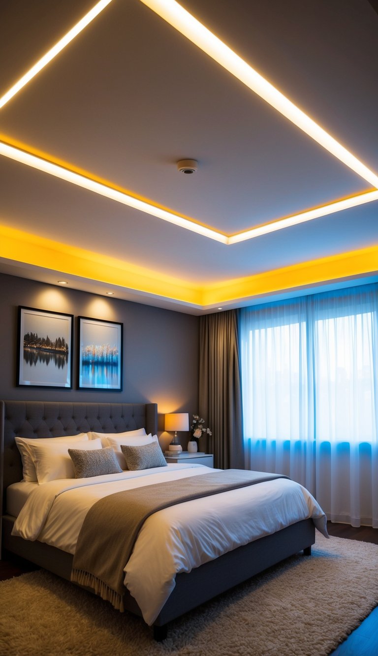 A cozy bedroom with LED strip lights illuminating the ceiling and casting a warm glow over the bed and surrounding decor