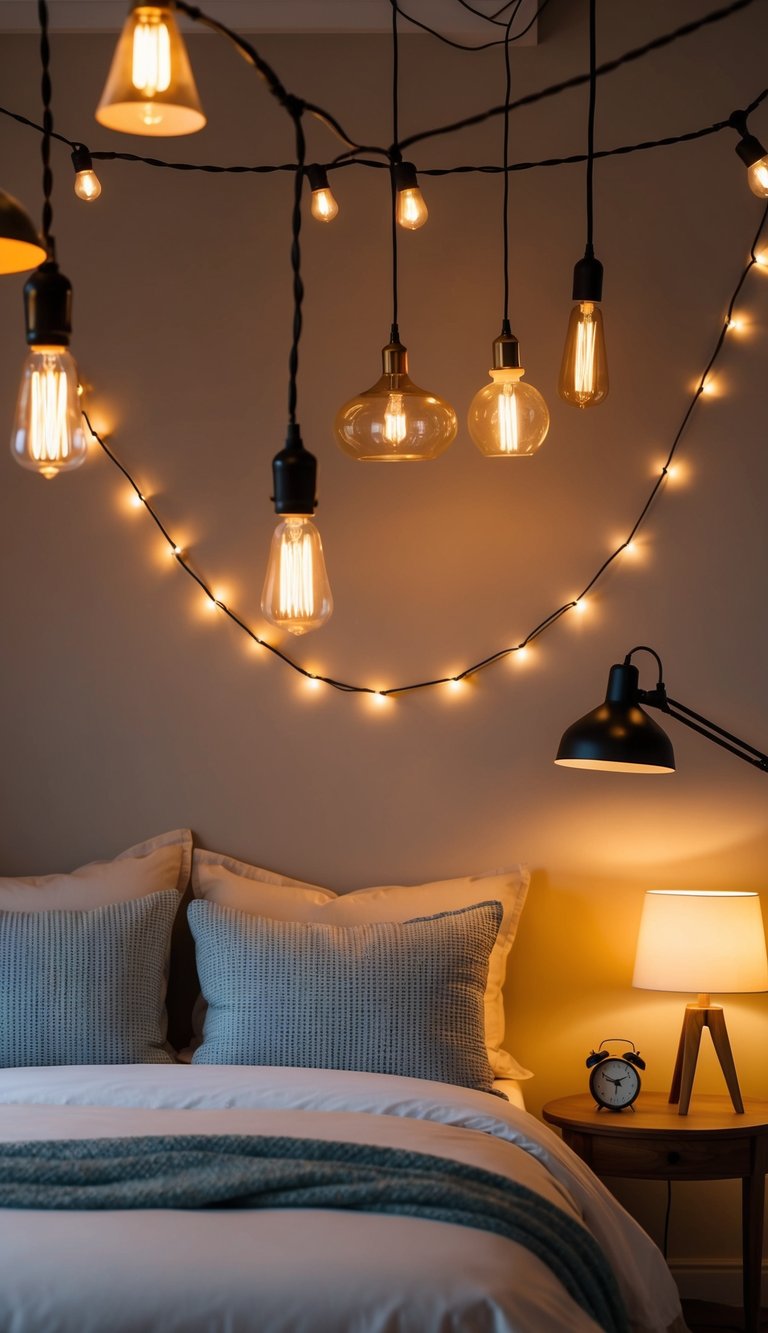 Soft, warm light emanates from various bedroom lighting fixtures, casting a cozy ambiance over the room. A mix of pendant lights, table lamps, and string lights create a welcoming atmosphere