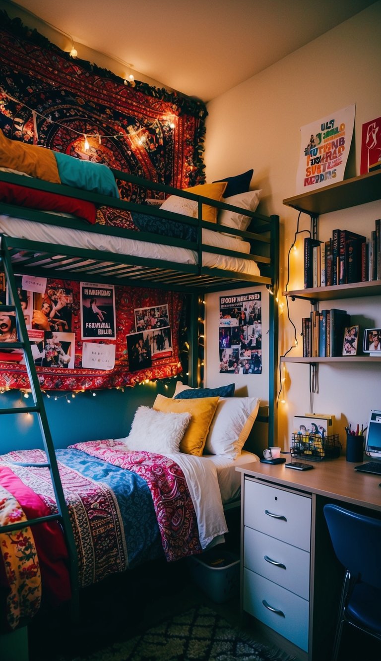 A cozy dorm room with bunk beds, colorful tapestries, and string lights. Posters and photos cover the walls, and shelves are filled with books and personal items