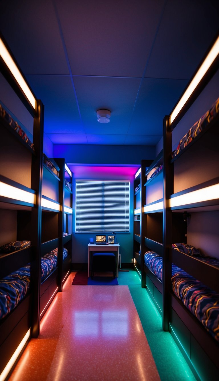 A dimly lit boys' dorm room with LED light strips lining the walls and ceiling, creating a colorful and vibrant atmosphere