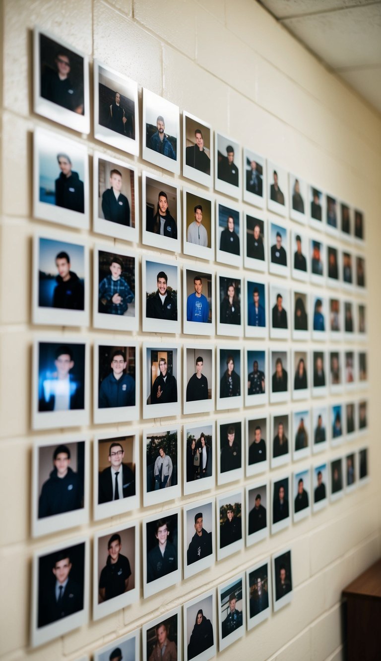 A dorm room wall adorned with a grid of Polaroid photos, capturing memories and moments of 31 boys' lives