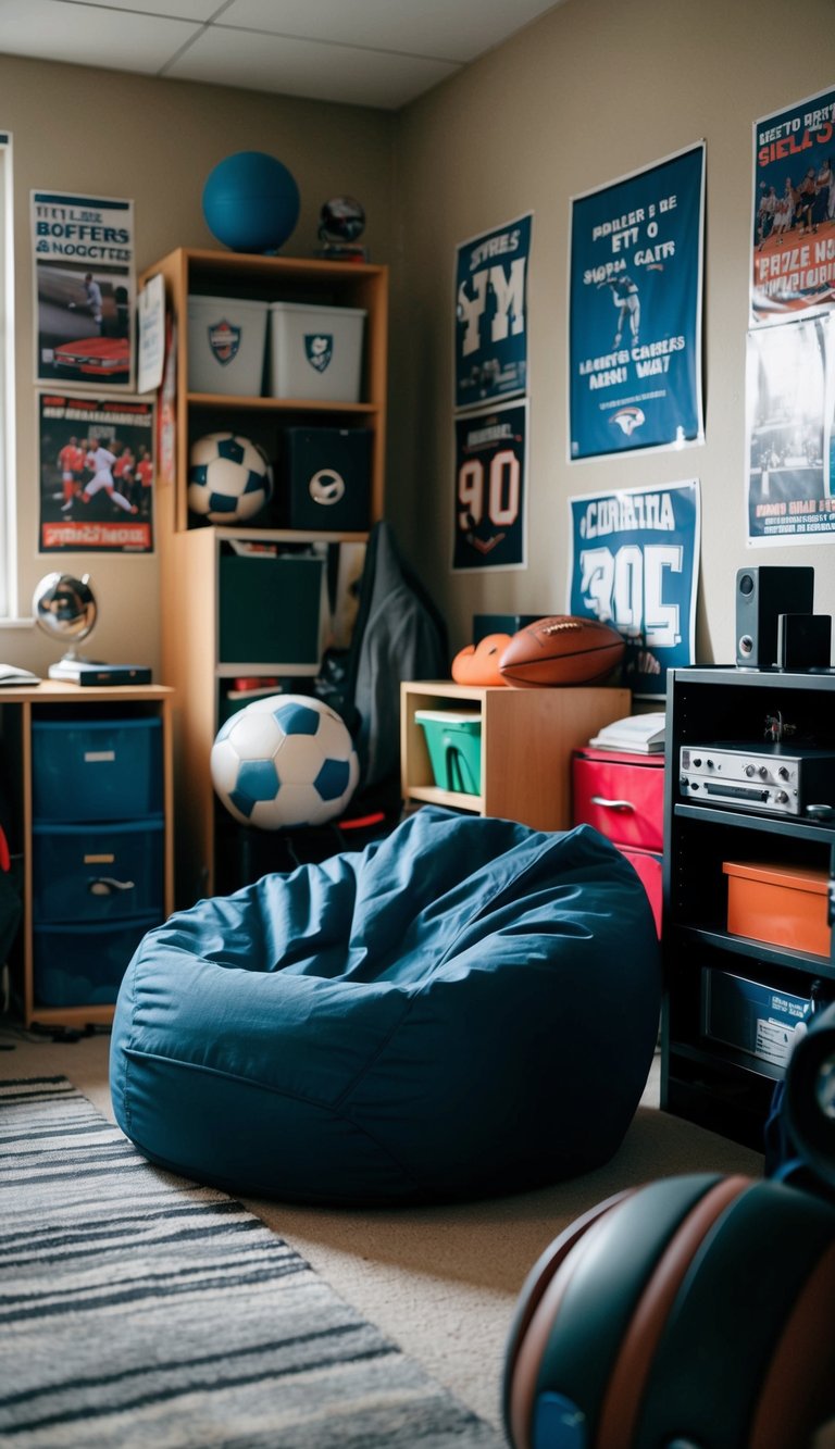 A cozy bean bag chair sits in a cluttered boys' dorm room, surrounded by posters and sports equipment